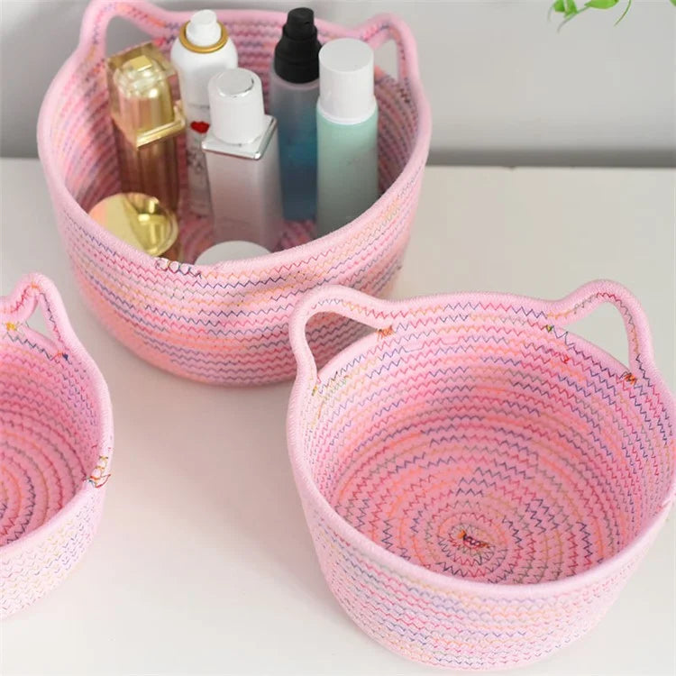 3Pcs / Set Cat Ears Design Cotton Rope Woven Storage Basket Round Desktop Sundries Organizer