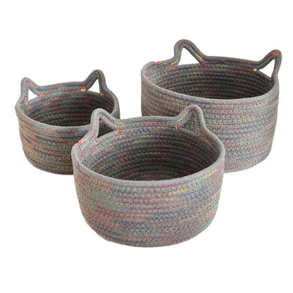 3Pcs / Set Cat Ears Design Cotton Rope Woven Storage Basket Round Desktop Sundries Organizer