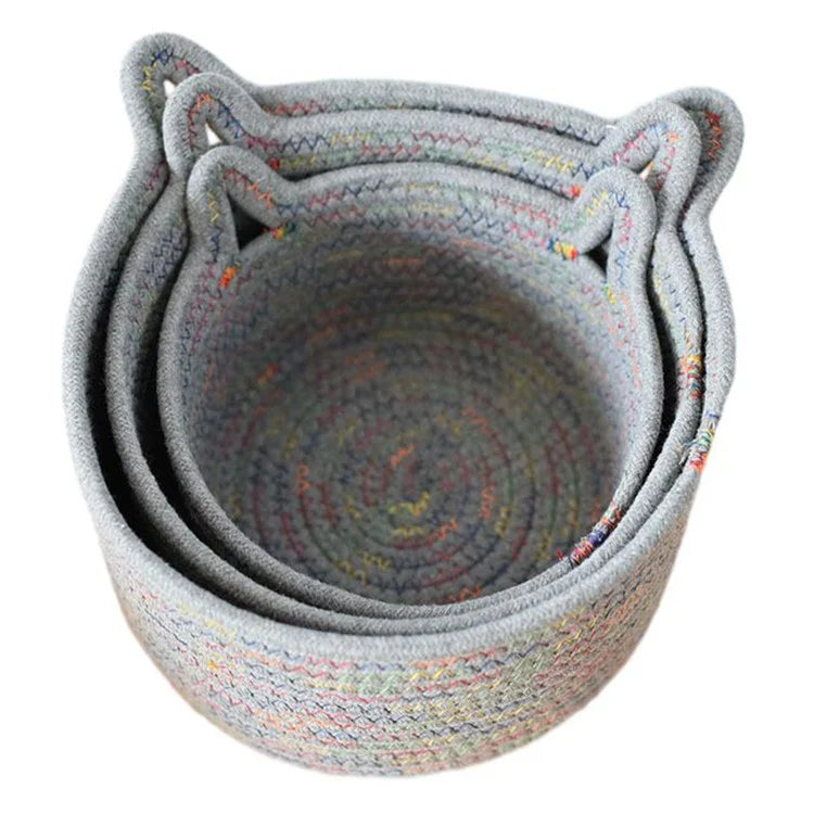 3Pcs / Set Cat Ears Design Cotton Rope Woven Storage Basket Round Desktop Sundries Organizer