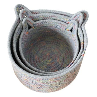 3Pcs / Set Cat Ears Design Cotton Rope Woven Storage Basket Round Desktop Sundries Organizer