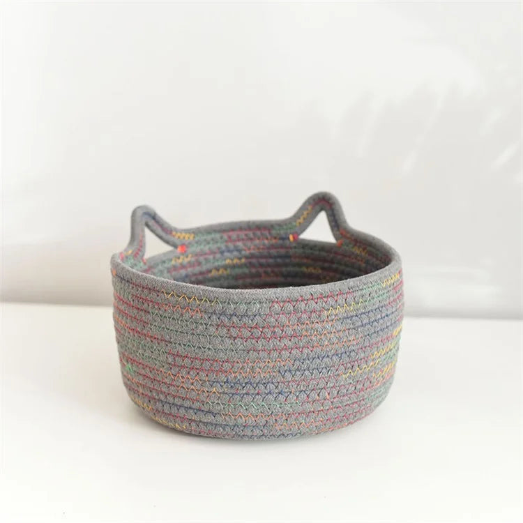 3Pcs / Set Cat Ears Design Cotton Rope Woven Storage Basket Round Desktop Sundries Organizer