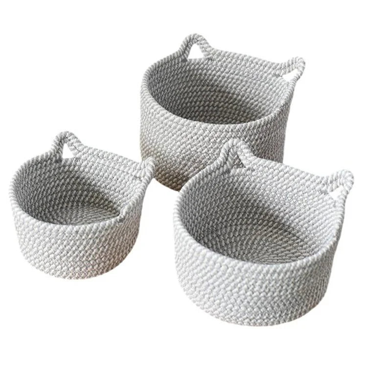 3Pcs / Set Cat Ears Design Cotton Rope Woven Storage Basket Round Desktop Sundries Organizer