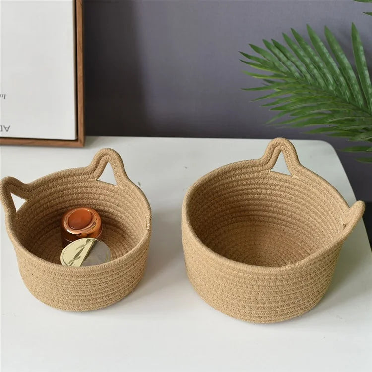 3Pcs / Set Cat Ears Design Cotton Rope Woven Storage Basket Round Desktop Sundries Organizer