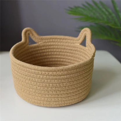 3Pcs / Set Cat Ears Design Cotton Rope Woven Storage Basket Round Desktop Sundries Organizer