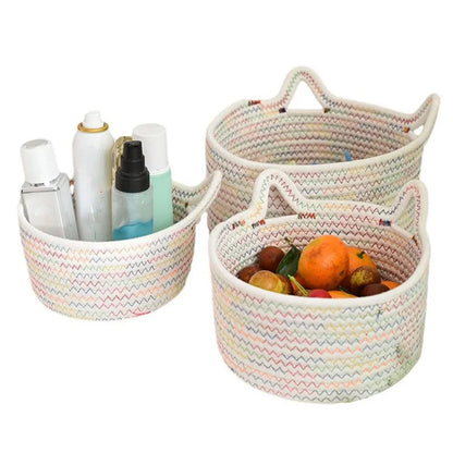 3Pcs / Set Cat Ears Design Cotton Rope Woven Storage Basket Round Desktop Sundries Organizer
