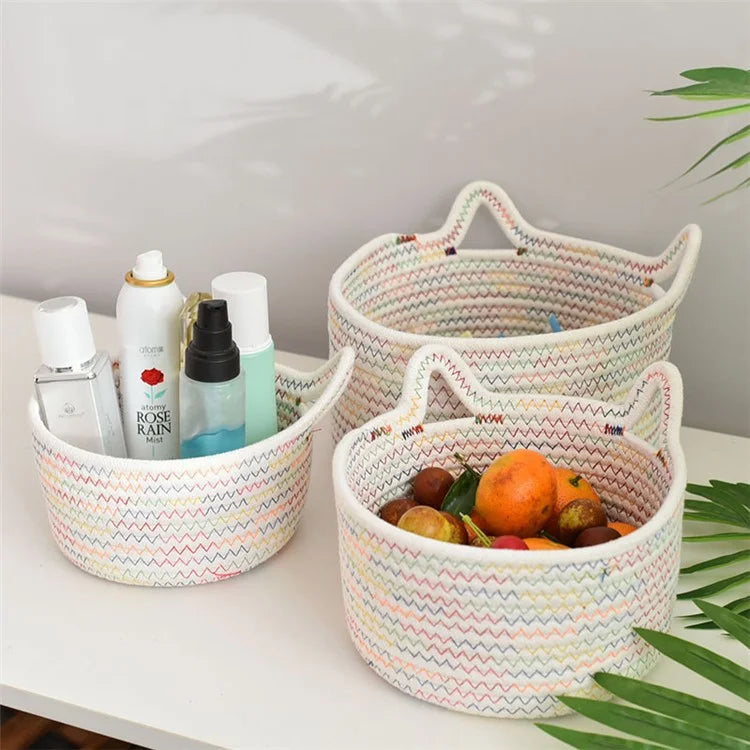 3Pcs / Set Cat Ears Design Cotton Rope Woven Storage Basket Round Desktop Sundries Organizer