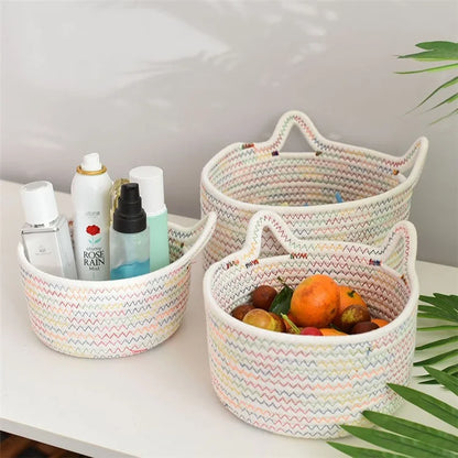 3Pcs / Set Cat Ears Design Cotton Rope Woven Storage Basket Round Desktop Sundries Organizer
