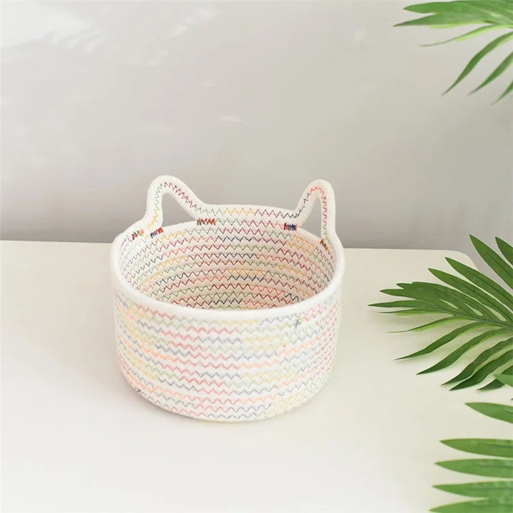 3Pcs / Set Cat Ears Design Cotton Rope Woven Storage Basket Round Desktop Sundries Organizer