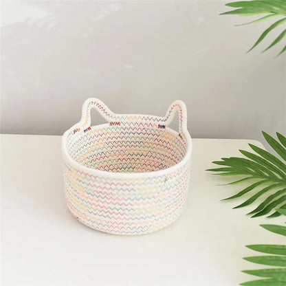 3Pcs / Set Cat Ears Design Cotton Rope Woven Storage Basket Round Desktop Sundries Organizer