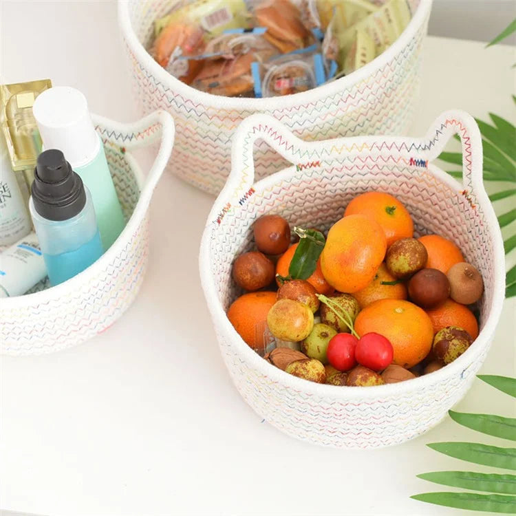 3Pcs / Set Cat Ears Design Cotton Rope Woven Storage Basket Round Desktop Sundries Organizer
