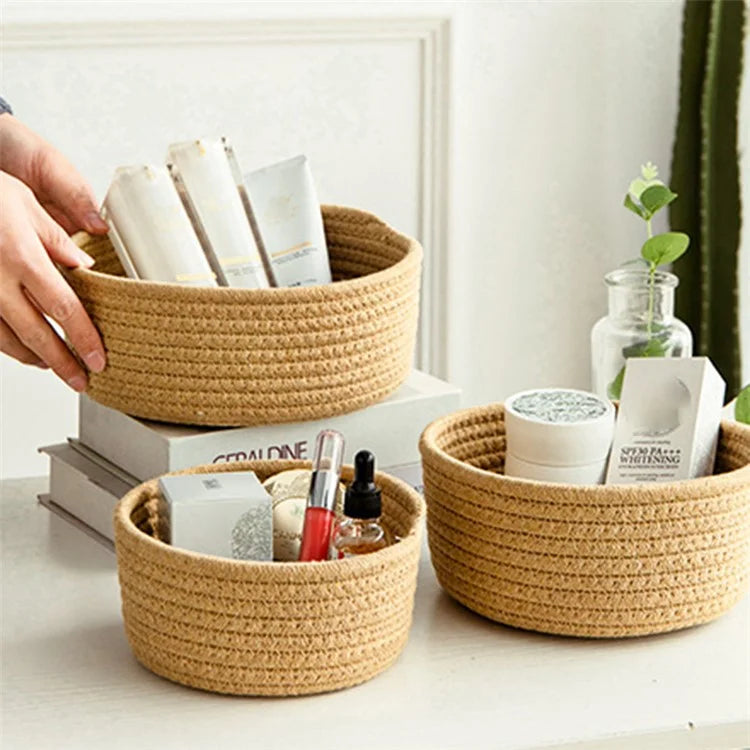 3Pcs / Set Nordic Cotton Rope Woven Storage Basket Round Desktop Cosmetics Organizer Basket