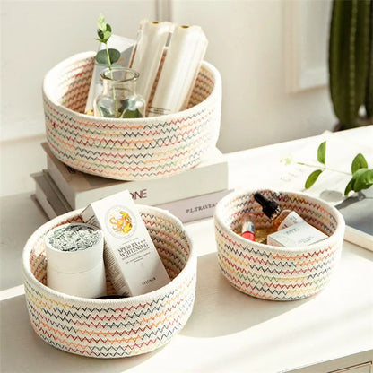 3Pcs / Set Nordic Cotton Rope Woven Storage Basket Round Desktop Cosmetics Organizer Basket