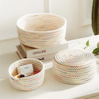 3Pcs / Set Nordic Cotton Rope Woven Storage Basket Round Desktop Cosmetics Organizer Basket