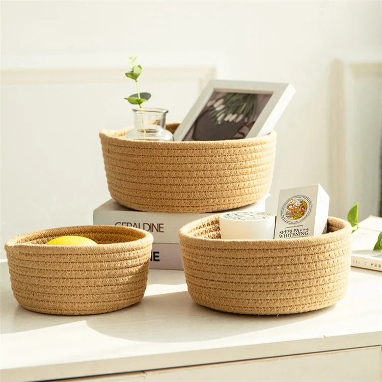 3Pcs / Set Nordic Cotton Rope Woven Storage Basket Round Desktop Cosmetics Organizer Basket