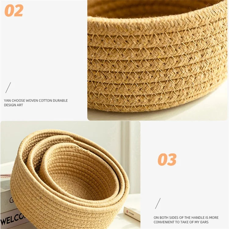 3Pcs / Set Nordic Cotton Rope Woven Storage Basket Round Desktop Cosmetics Organizer Basket