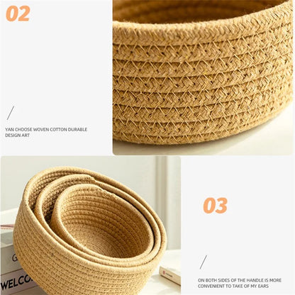 3Pcs / Set Nordic Cotton Rope Woven Storage Basket Round Desktop Cosmetics Organizer Basket