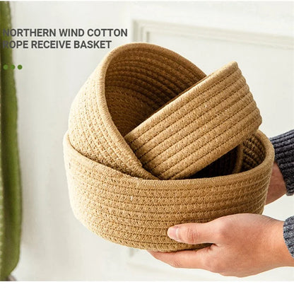 3Pcs / Set Nordic Cotton Rope Woven Storage Basket Round Desktop Cosmetics Organizer Basket