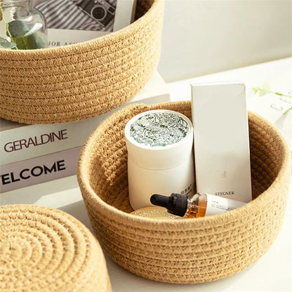 3Pcs / Set Nordic Cotton Rope Woven Storage Basket Round Desktop Cosmetics Organizer Basket