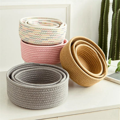 3Pcs / Set Nordic Cotton Rope Woven Storage Basket Round Desktop Cosmetics Organizer Basket