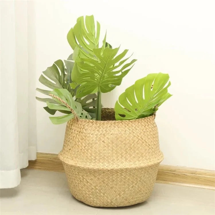 Handwoven Storage Bin Straw Woven Basket Flowerpot Plant Foldable Organizer, Size: L