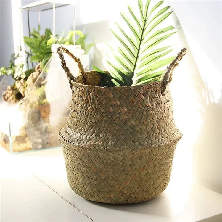 Handwoven Storage Bin Straw Woven Basket Flowerpot Plant Foldable Organizer, Size: L