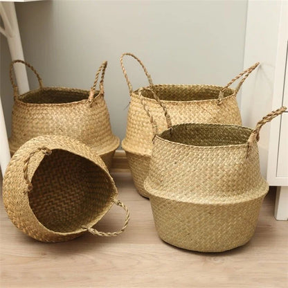 Handwoven Storage Bin Straw Woven Basket Flowerpot Plant Foldable Organizer, Size: L