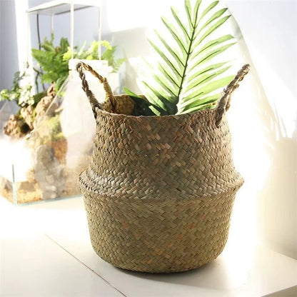Handwoven Storage Bin Straw Woven Basket Flowerpot Plant Foldable Organizer, Size: L
