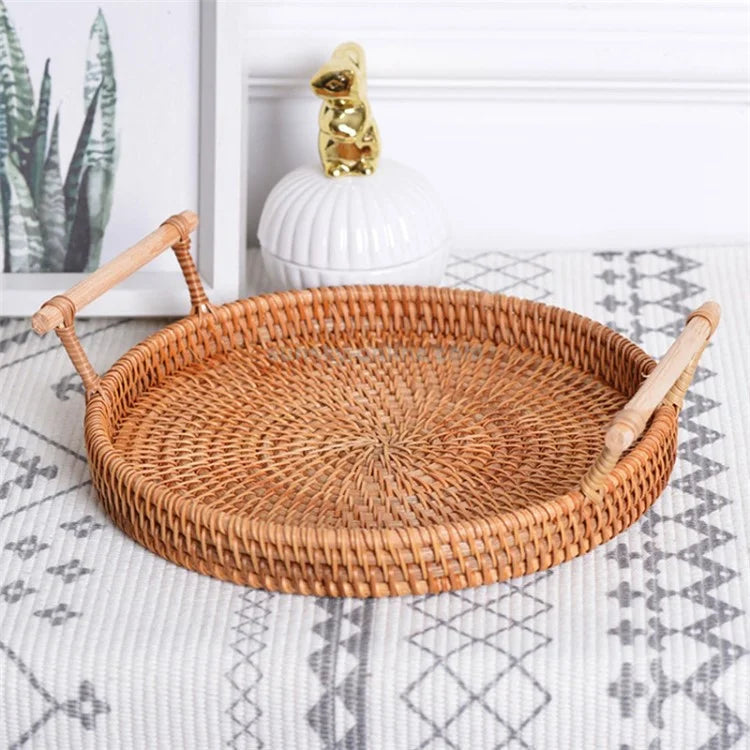 Round Storage Tray with Handle Bread Fruit Woven Rattan Basket S (No FDA)