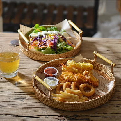 Round Storage Tray with Handle Bread Fruit Woven Rattan Basket S (No FDA)