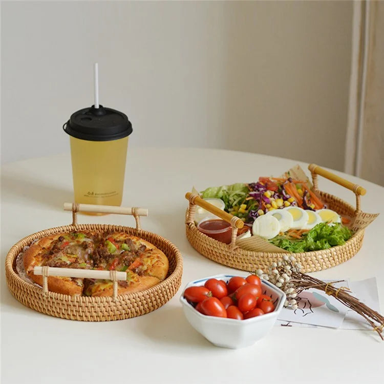 Round Storage Tray with Handle Bread Fruit Woven Rattan Basket S (No FDA)