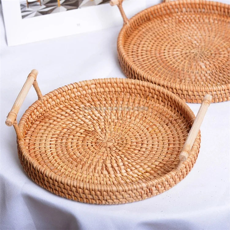 Round Storage Tray with Handle Bread Fruit Woven Rattan Basket S (No FDA)
