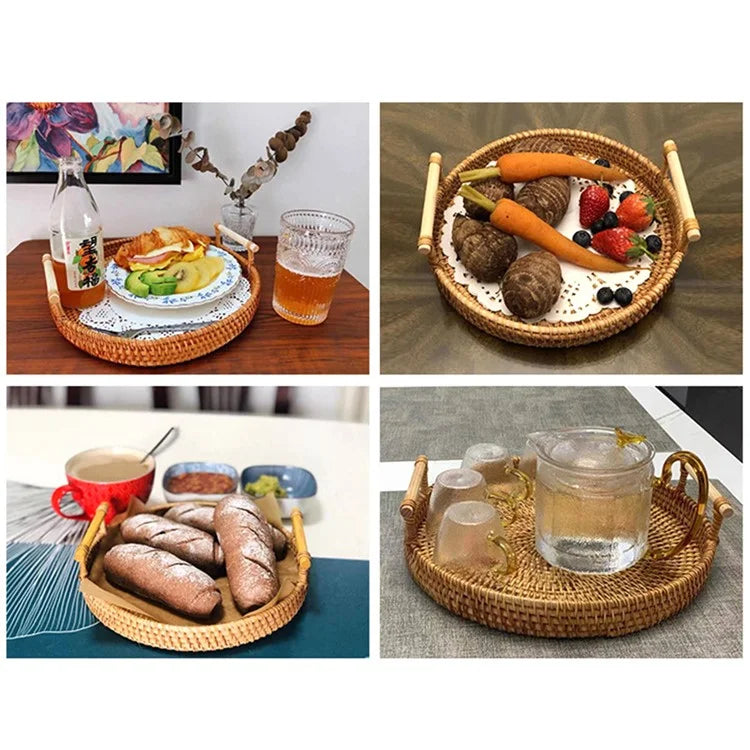 Round Storage Tray with Handle Bread Fruit Woven Rattan Basket S (No FDA)