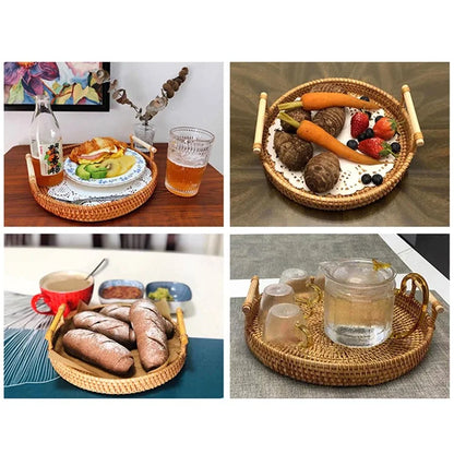 Round Storage Tray with Handle Bread Fruit Woven Rattan Basket S (No FDA)