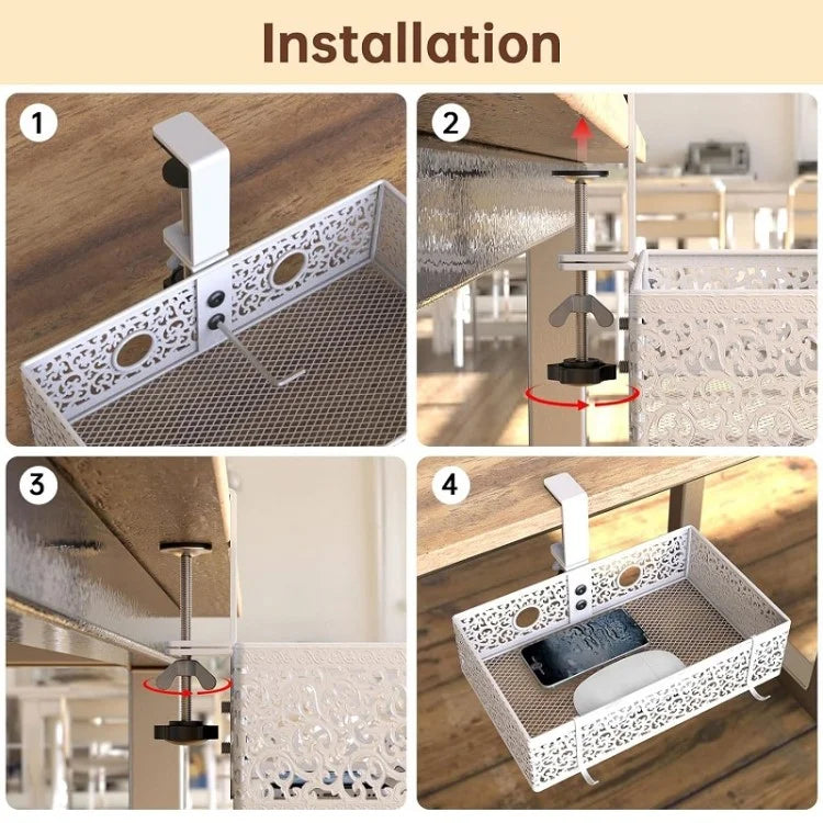 No Drill Hanging Desk Storage Organizer Hidden Under Desktop Basket (Rotation Style)
