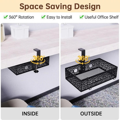 No Drill Hanging Desk Storage Organizer Hidden Under Desktop Basket (Rotation Style)
