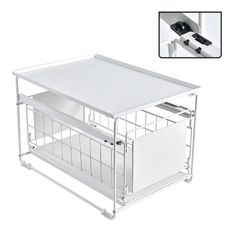 Kitchen Under Sink Organizer Shelf Carbon Steel Sliding Storage Rack with Lid