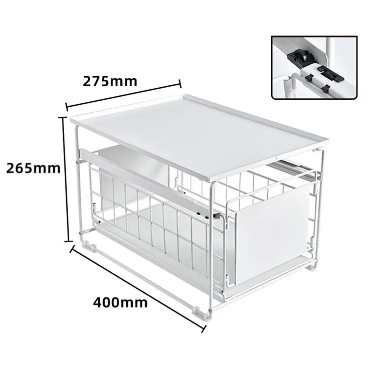Kitchen Under Sink Organizer Shelf Carbon Steel Sliding Storage Rack with Lid