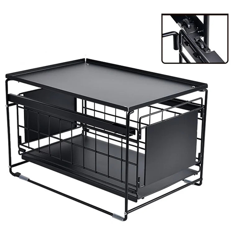 Kitchen Under Sink Organizer Shelf Carbon Steel Sliding Storage Rack with Lid