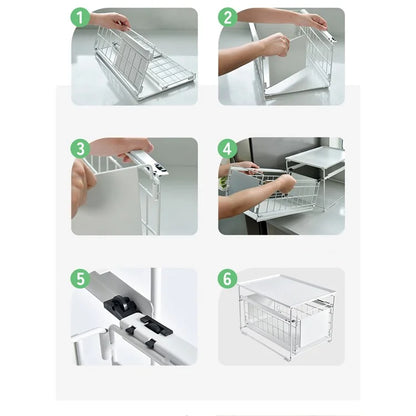 Kitchen Under Sink Organizer Shelf Carbon Steel Sliding Storage Rack with Lid