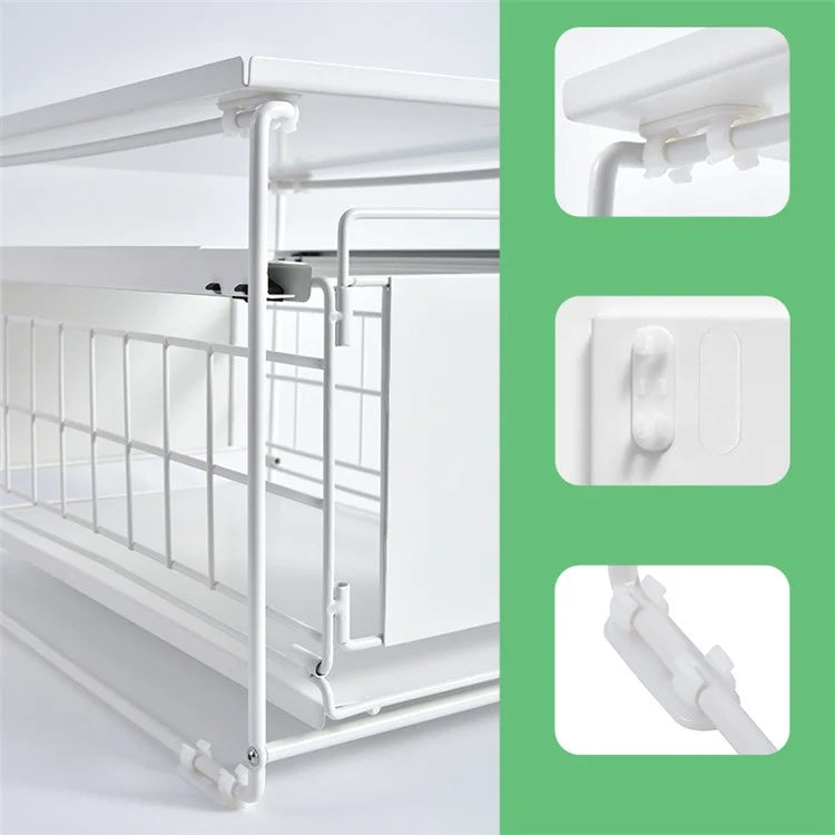 Kitchen Under Sink Organizer Shelf Carbon Steel Sliding Storage Rack with Lid