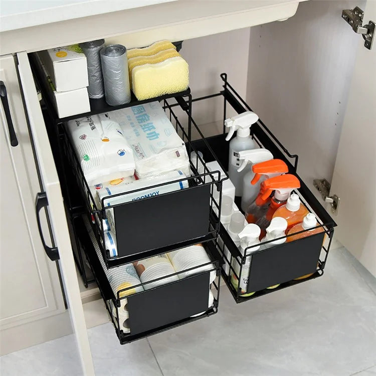 Kitchen Under Sink Organizer Shelf Carbon Steel Sliding Storage Rack with Lid