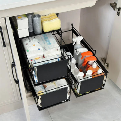 Kitchen Under Sink Organizer Shelf Carbon Steel Sliding Storage Rack with Lid
