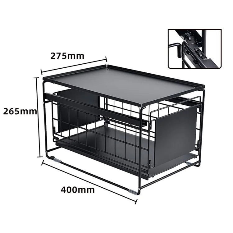 Kitchen Under Sink Organizer Shelf Carbon Steel Sliding Storage Rack with Lid