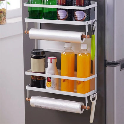 Carbon Steel Storage Rack Fridge Magnetic Folding Shelf with Wooden Rod, Size L