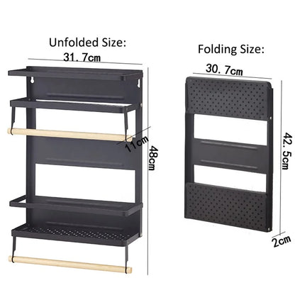 Carbon Steel Storage Rack Fridge Magnetic Folding Shelf with Wooden Rod, Size L
