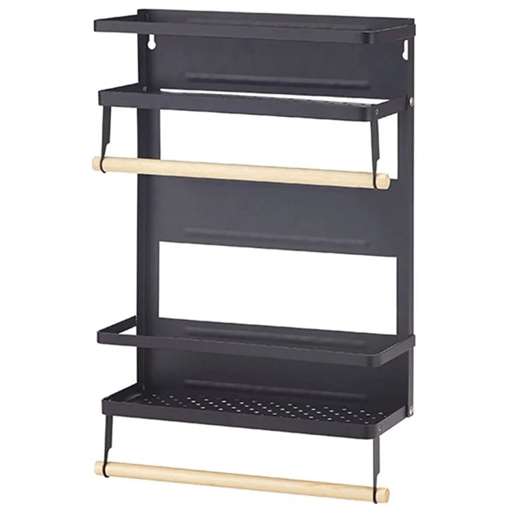 Carbon Steel Storage Rack Fridge Magnetic Folding Shelf with Wooden Rod, Size L