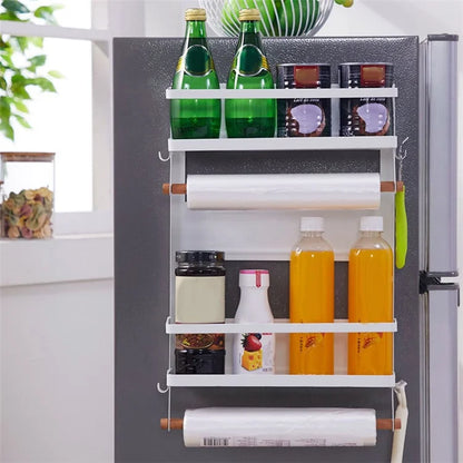 Carbon Steel Storage Rack Fridge Magnetic Folding Shelf with Wooden Rod, Size L