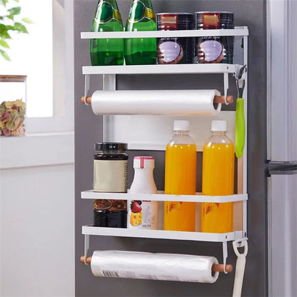 Carbon Steel Storage Rack Fridge Magnetic Folding Shelf with Wooden Rod, Size L