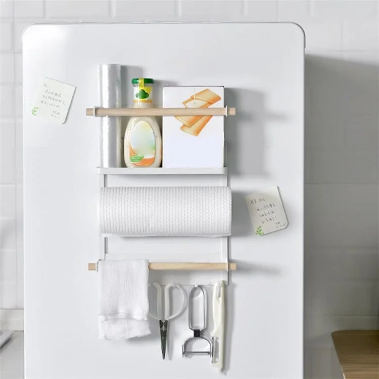 Iron+Wood Magnetic Refrigerator Storage Shelf Kitchen Tools Hanging Storage Rack