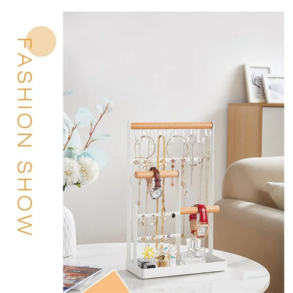 Iron+Wood Jewelry Organizer Stand Necklace Storage Rack Display Tower